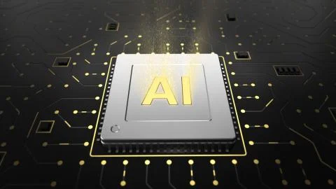 3d render of computer chip over circuit background with AI sign. Stock Illustration