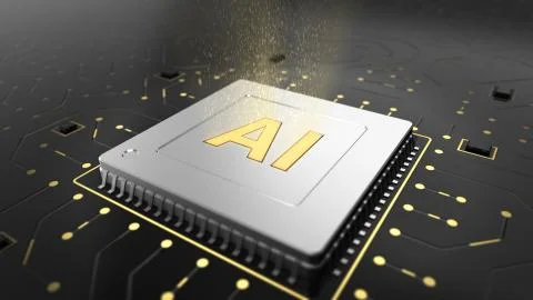 3d render of computer chip over circuit background with AI sign. Illustrazione stock