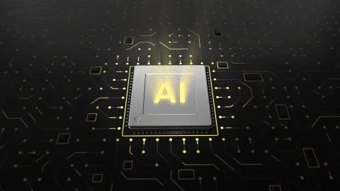 3d render of computer chip over circuit background with AI sign. Stock Illustration