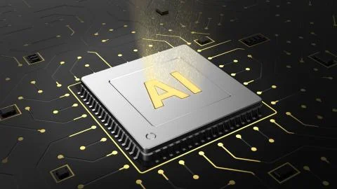 3d render of computer chip over circuit background with AI sign. Illustrazione stock