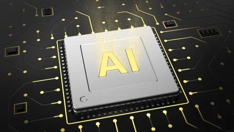 3d render of computer chip over circuit background with AI sign. Stock Illustration