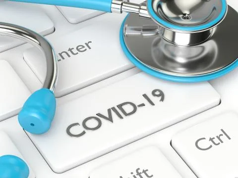 3d render of computer keyboard with covid-19 key and stethoscope Stock Photos