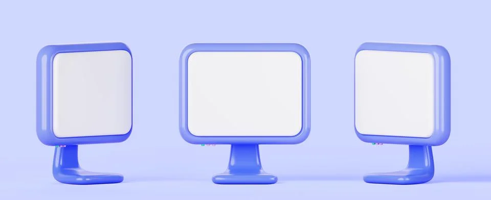 3d render computer monitors front and side view. Mockup desktop pc with blue Illustrazione stock