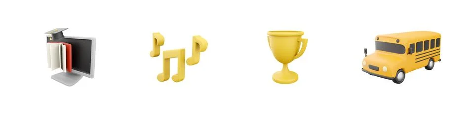 3d render computer, music notes, award, school bus icon set on white background Stock Illustration
