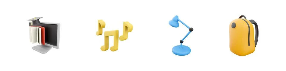 3d render computer, music notes, light bulb, backbag icon set on white Stock Illustration