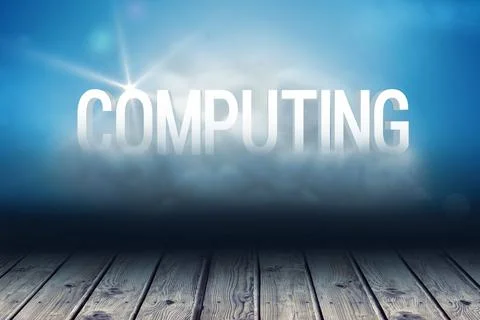 3D render computing typography is hovering above misty wooden floor with bright 写真素材