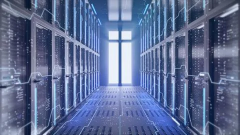 The 3d render Concept of: Digitalization of Information Flow Moving Through Rack Stockillustratie