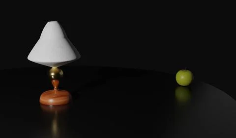 3d render. concept of education. table lamp and green apple on the table blac Stock Illustration