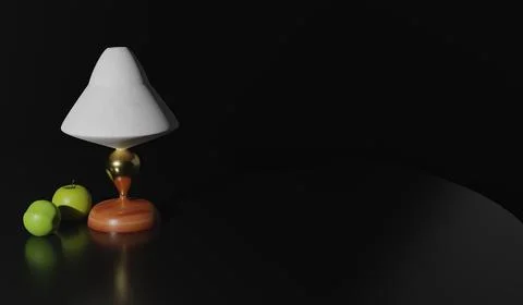 3d render. concept of education. table lamp and green apple on the table blac Stock Illustration