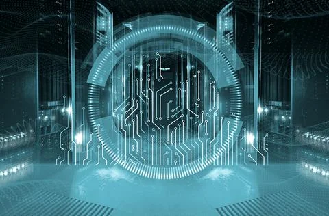 3D render concept of information computing, globalization, computing power, HUD Ilustração Stock