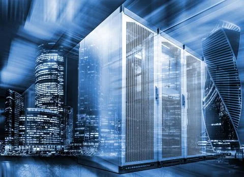 3D render concept of smart city, big data, information technologies, a modern Stock Illustration