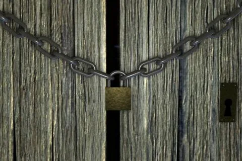 3D Render Conceptual composition on lockdown, Old aged wooden door padlocked Stock Illustration