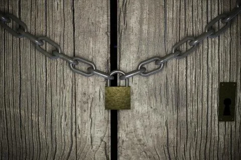 3D Render Conceptual composition on lockdown, Old aged wooden door padlocked Illustrazione stock