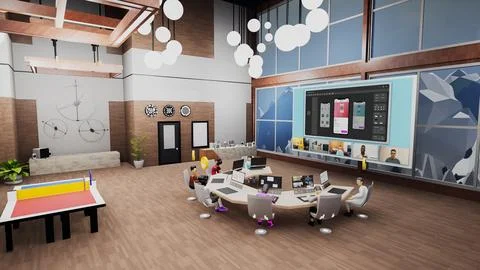 3d render of conference in virtual office about mobile app 스톡 일러스트
