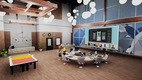 3d render of conference in virtual office about mobile app 库存插图