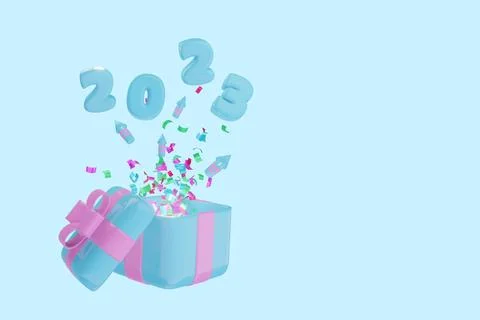 3d render. Confetti and numbers 2023 fly out of the blue box Stock Illustration