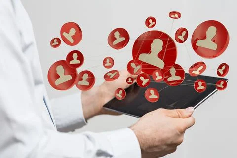 3D render of connected People icons near a tablet Stock Illustration