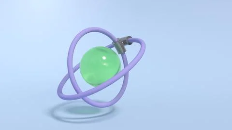 3d render of connected purple rings around a green glass sphere with a blue.. Stock Illustration