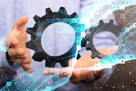 3d render of Connecting gears, lines and dots. Big data visualization, System da 스톡 사진