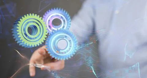 3d render of Connecting gears, lines and dots. Big data visualization, System da Foto stock