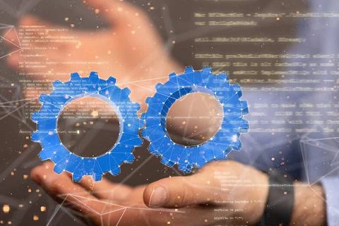 3d render of Connecting gears, lines and dots. Big data visualization, System da Foto stock