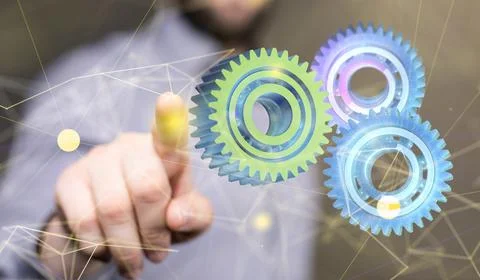 3d render of Connecting gears, lines and dots. Big data visualization, System da Foto stock