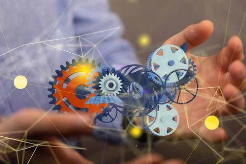 3d render of Connecting gears, lines and dots. Big data visualization, System da Foto stock