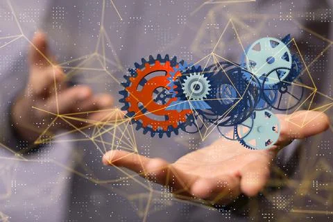 3d render of Connecting gears, lines and dots. Big data visualization, System da Foto stock