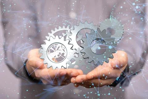 3d render of Connecting gears, lines and dots. Big data visualization, System da Stock Photos