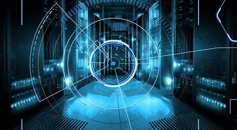 3d render Connection network in servers data center room storage systems 3D Stock Illustration