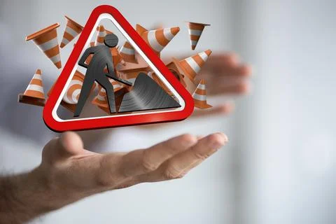 3D render of construction and barrier signs on  male hands Foto stock