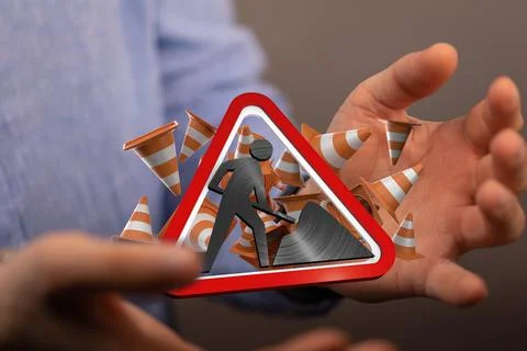A 3D render of a construction sign and traffic cones- website under construct Foto stock