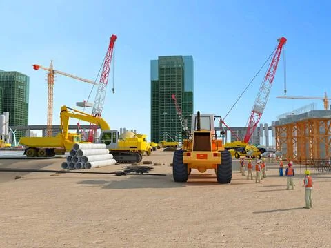 3d render construction site with crane and workers Stock Illustration