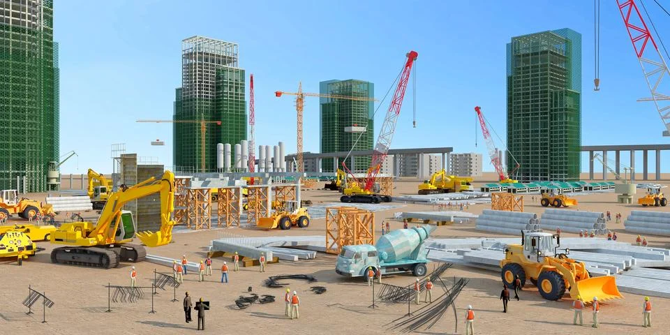 3d render construction site with crane and workers Stock Illustration
