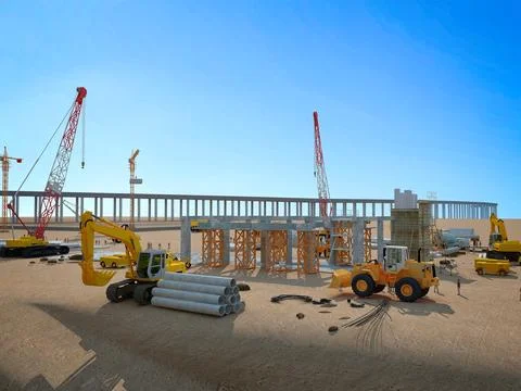 3d render construction site with crane and workers Stock Illustration