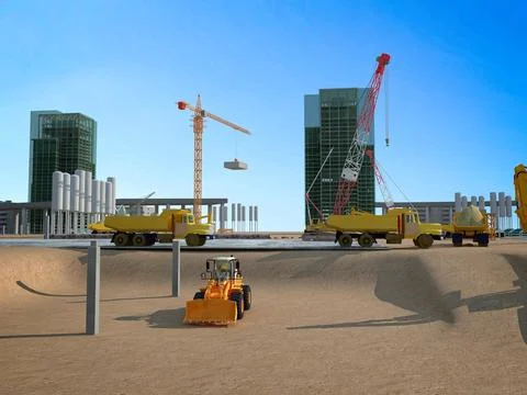 3d render construction site with crane and workers Stock Illustration