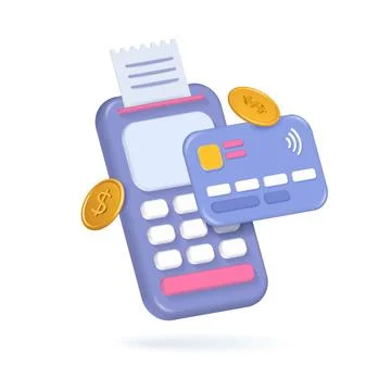 3d render Contactless POS terminal payment with credit card and bill receipt. E Stockillustratie