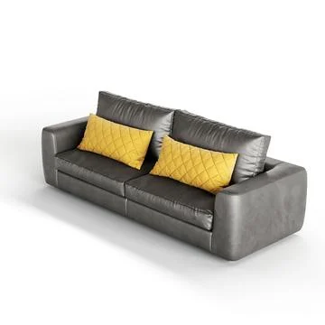 3D render of a contemporary gray leather sofa with yellow accent pillows Stock Illustration