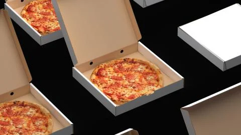 3d render Conveyor is boxed pizza abstract Stock Illustration