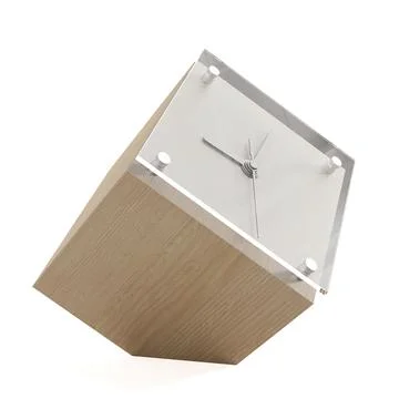 3D render of a cool glass clock on a wooden block Stock Photos