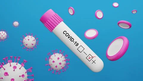 3D render of coronavirus and positive covid-19 test. Stock Illustration
