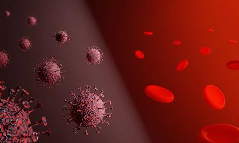 3D render of the Coronavirus and red blood cells. Stock Illustration