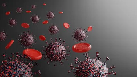 3D render of the Coronavirus and red blood cells. 스톡 일러스트