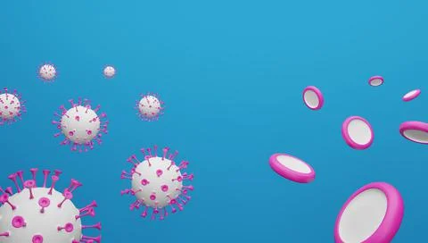 3D render of the Coronavirus and red blood cells. Stock Illustration