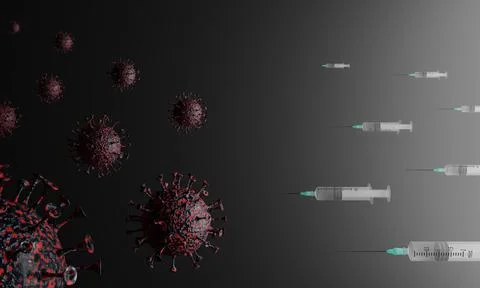 3D render of the Coronavirus and syringes with a needles. Illustrazione stock