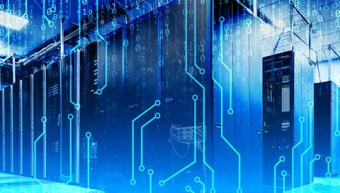 3D render corridor in Working Data Center Full of Rack Servers and Stock Photos