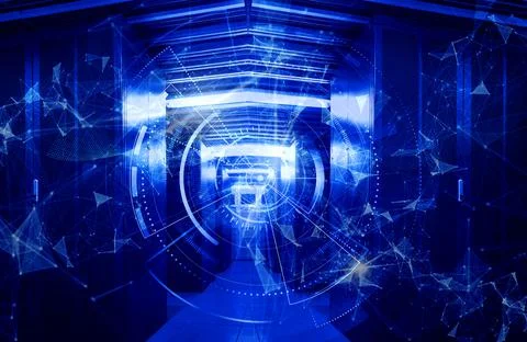 3D render. Corridor of working datacenter. Digital Dreams series. Arrangement of 스톡 일러스트