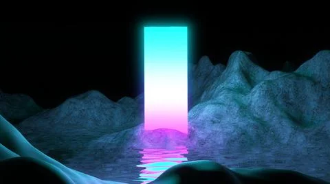 3D Render Cosmic background, alien landscape retro neon mountain with water Stock Illustration