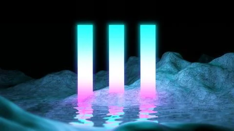 3D Render Cosmic background, alien landscape retro neon mountain with water Stock Illustration
