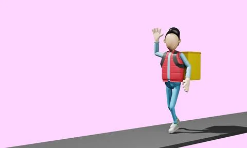 3d render. A courier with a bag on his shoulders walks along the road and gre Illustrazione stock
